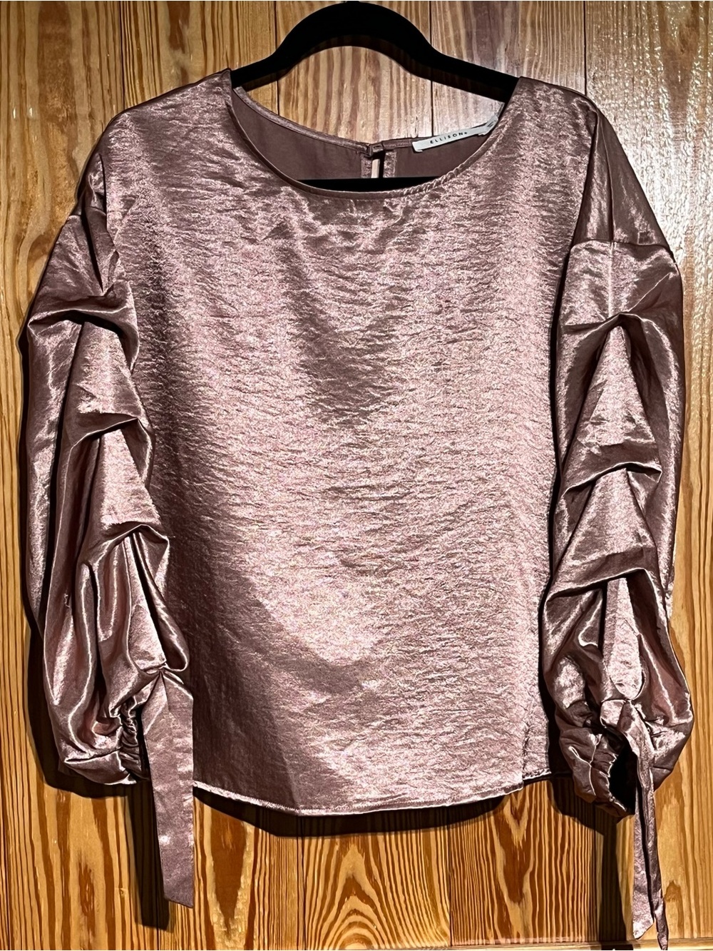 ELLISON Voluminous Long Sleeve Metallic Satin Blouse Dusty Rose Copper NWOT